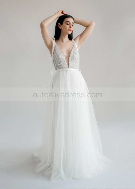 Tied Shoulder Straps Pearl Embellished Unique Wedding Dress